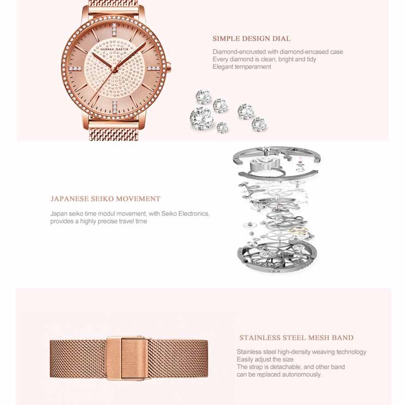 Hannah Martin Quartz Diamanten Horloge Voor Vrouwen Horloge Mode Luxe Dames Horloges Horloges Voor Vrouwen Reloj Mujer