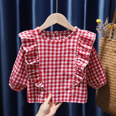 Bebê meninas xadrez camisa superior da criança manga longa roupas de outono: Vermelho