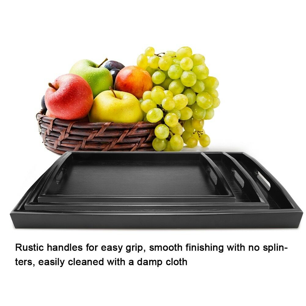 Serving Tray Large Black Wood Rectangle Food Tray Butler Breakfast Trays with Handles Easy to Grip LAD