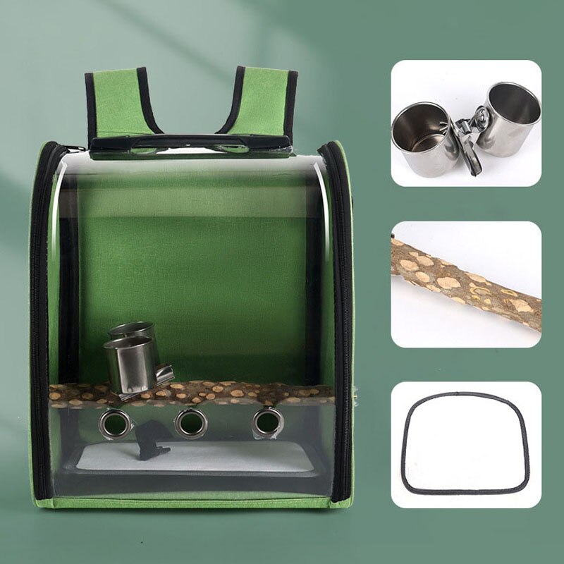 Mochila transpirable para pajaros y loros, bolsa ligera de viaje al aire libre para mascotas, soporte de cinturón lateral duro con taza de comida y pájaros
