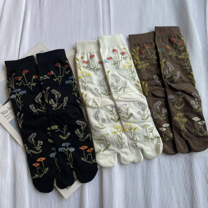 Calcetines elegantes Retro de algodón peinado con punta abierta para mujer, medias suaves con patrones florales de plantas, Harajuku japonés de dos dedos, Tabi Sox