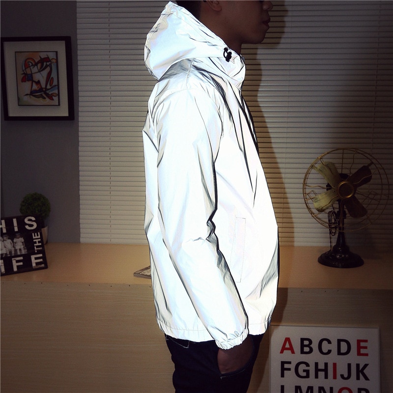 Chaqueta reflectante hombre payaso Casual Hiphop triángulo invertido hasta cazadora pareja abrigo de noche con capucha fluorescente ropa