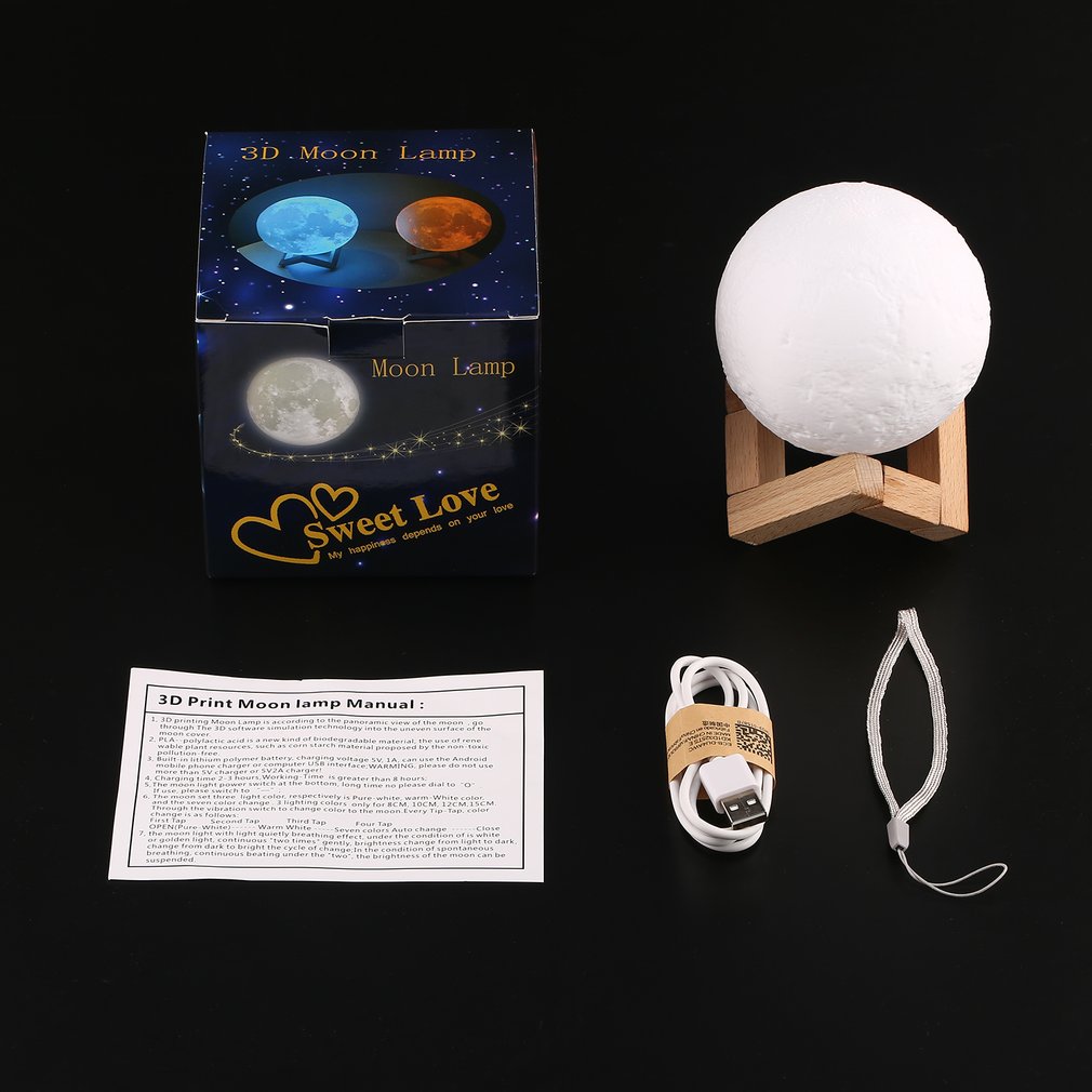 Unieke Oplaadbare 3D Print Maan Lamp Touch Control Helderheid Usb Opladen Led Nachtlampje Woondecoratie