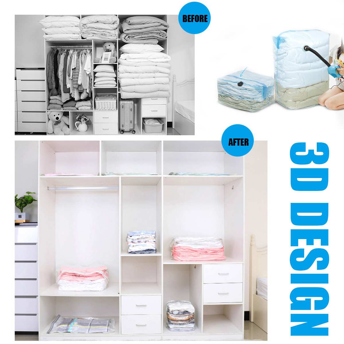 3D Grote Vacuümzak Kleding Opbergzakken Gecomprimeerd Organisator Space Saver Stofdicht Thuis Kamer Opvouwbaar Storage Vacuümzak