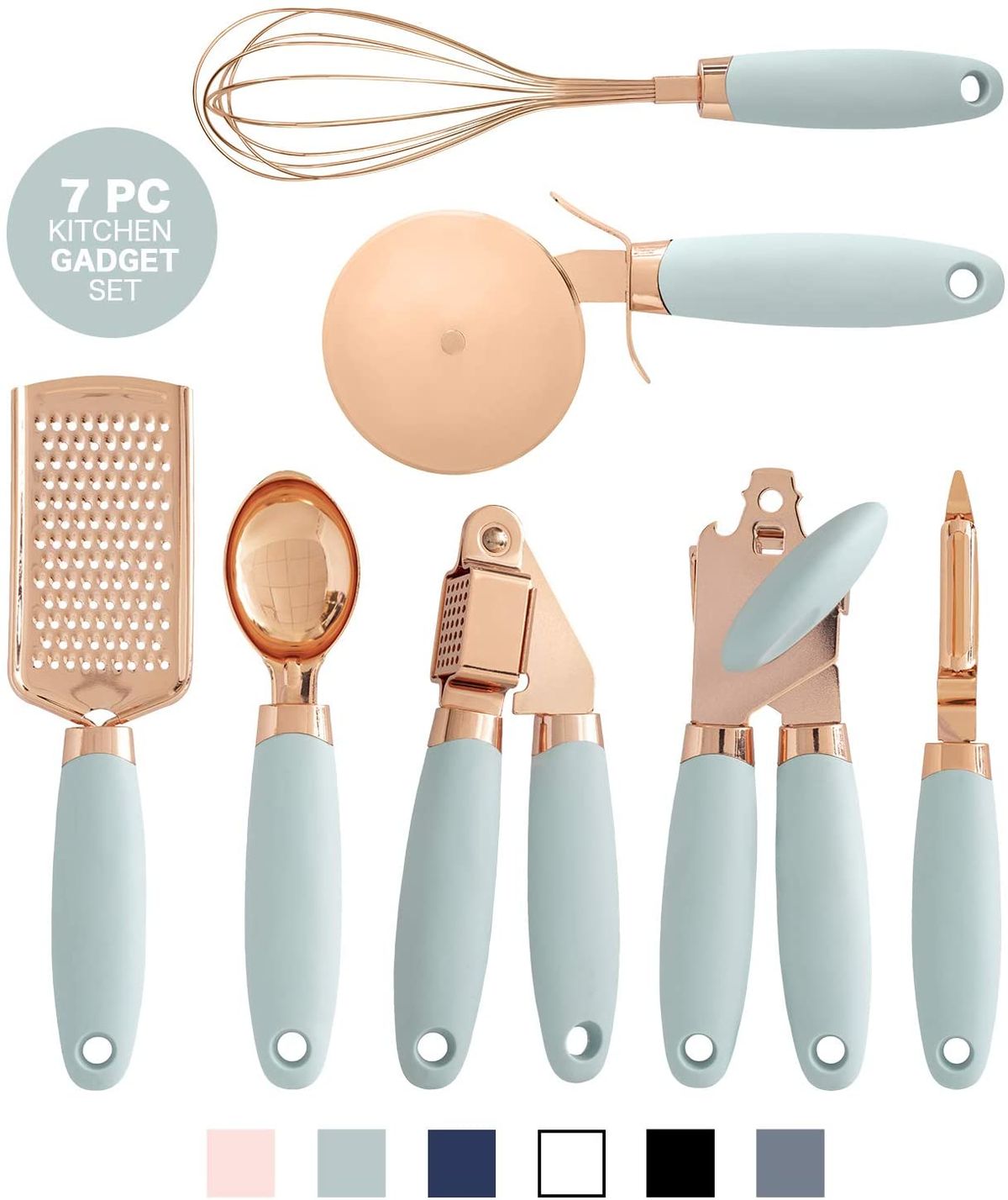 7pcs Kitchen Gadgets Set Copper Coated Stainless Steel Utensils Ice Scream Scoop Peeler Garlic Press Cheese Grater Whisk: Green