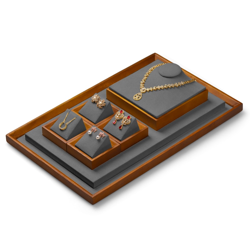 Oirlv, conjunto de soporte para presentación de joyería, anillo de madera, collar, bandeja de exhibición, brazalete, soporte organizador de joyas, estante gris multifunción