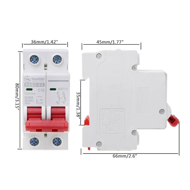 2P DC 1000V Solar Mini Circuit Breaker 10A/16A/32A/50A/63A DC Photovoltaic MCB Q1QC