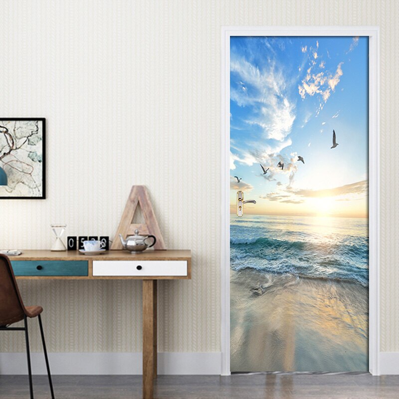 Self Adhesive Door Sticker Sunny Beach seascape Poster Wall Decal Door Mural Bedroom Door Waterproof PVC Sticker DIY Home Decor