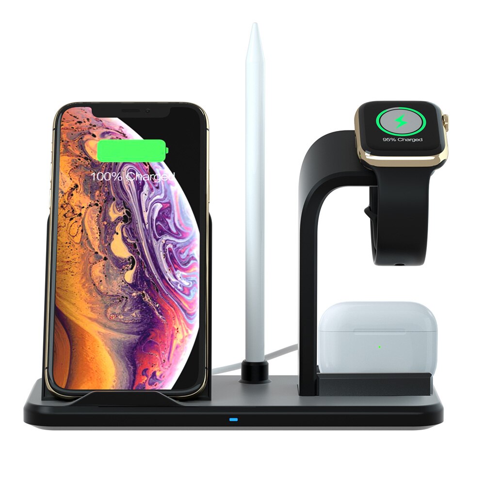 Fdgao 3- i -1 opladerstander til apple watch 5/4/3/2 10w hurtig qi trådløs oplader dockstation til iphone 11 xs xr 8 airpods pro: Sort