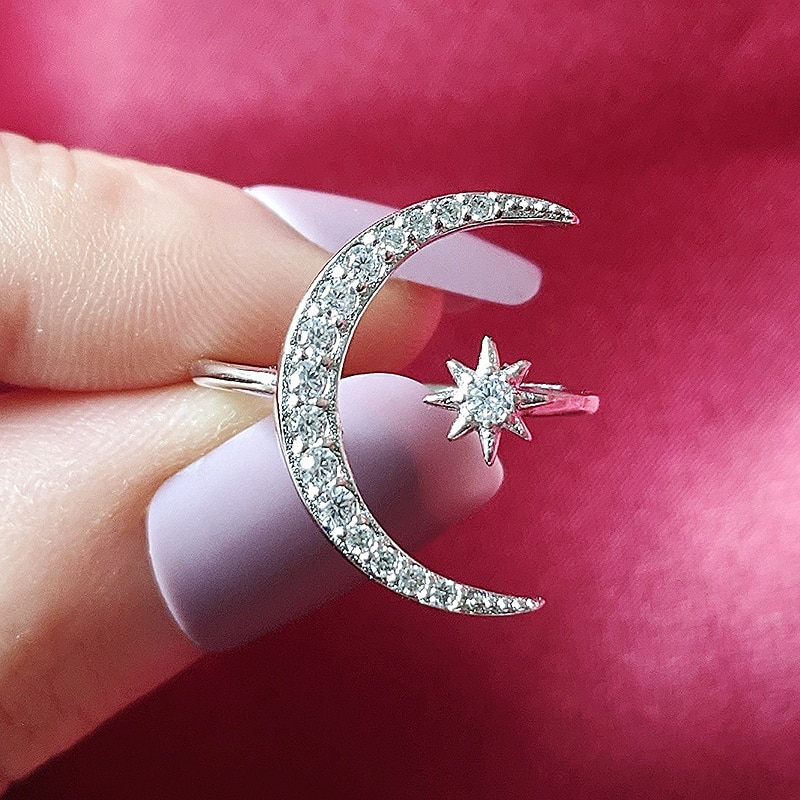Moda na moda 925 anel de prata esterlina dedo lua estrela anel para mulheres jóias casamento noivado sepcial presente de natal r4596