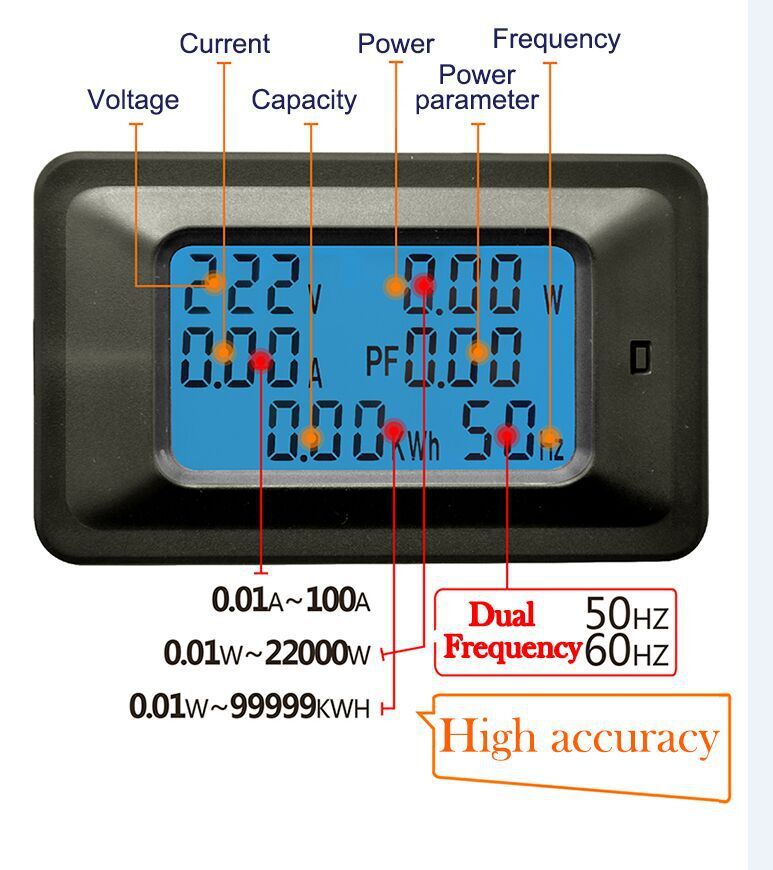 thumbnail interactive-video image 1 of 20A AC Digital LCD Power Meter – 4-in-1 Panel Voltmeter / Ammeter / Wattmeter 1 of 4