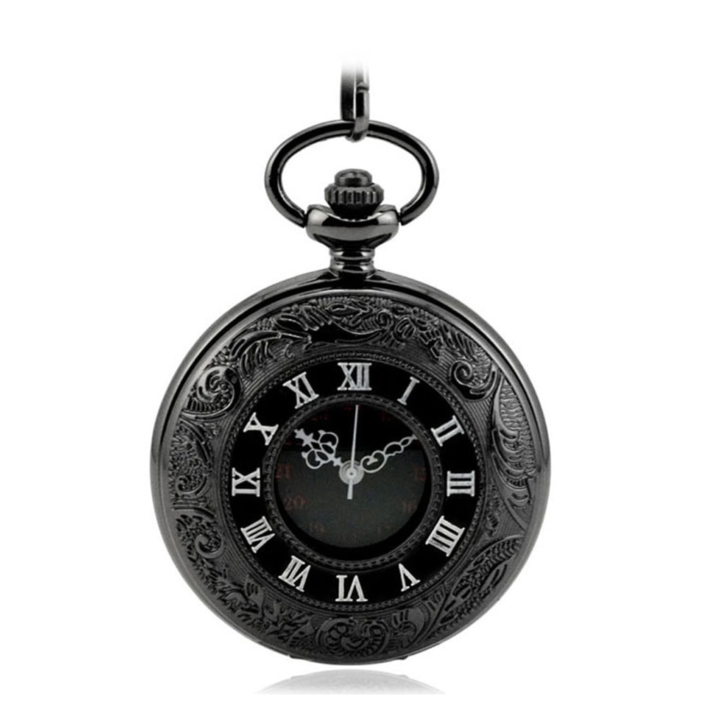 Unisex retro klassiek quartz zakhorloge ketting romeinse cijfers zwart