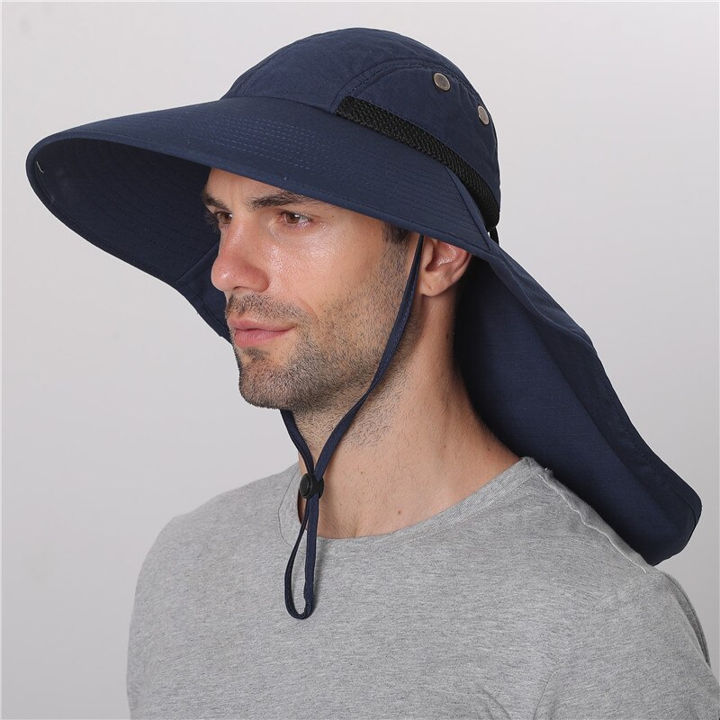 Camolad herre spand hatte med nakke flap sommer sol hat til kvinder lang bred randen fiskeri hætter udendørs uv beskyttelse vandreture hat: Flåde