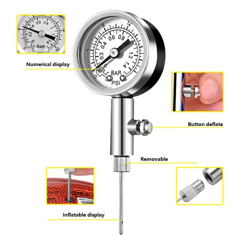 Indicador de presión de aire para balones de fútbol, manómetro de aire, reloj de fútbol, voleibol, barómetros de baloncesto