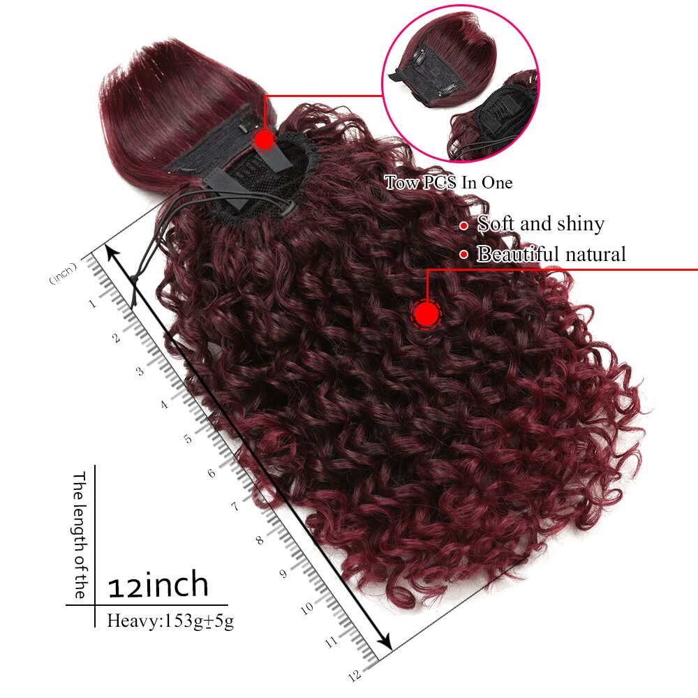 12Inch Kinky Curly Synthetic Ponytail Extention Wig inclined Bangs Built-in BB clip Bang and Wig For Women Golden Beauty