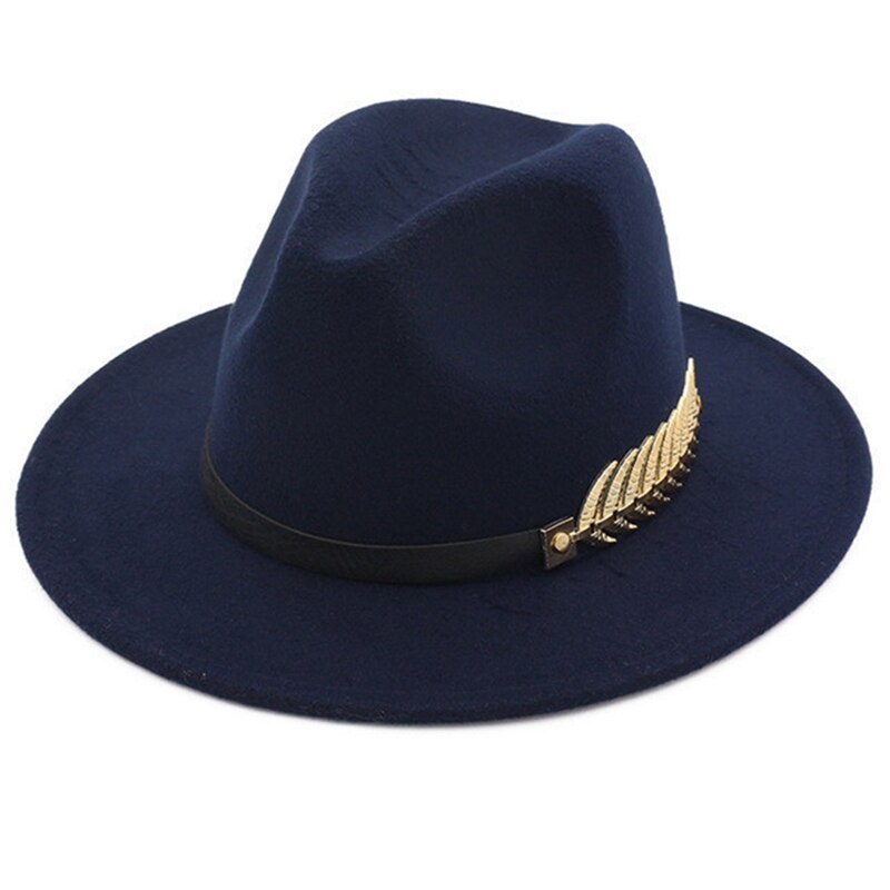 Sombrero de lana de estilo británico para hombre y mujer, gorro de lana de estilo británico, con plumas de hoja dorada, de fieltro de ala grande, Unisex