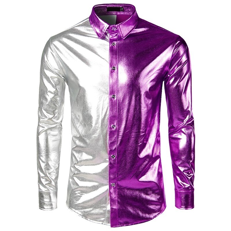 Natklub patchwork disco dance toppe mærke skjorte guld sliver kostume fest herre metallisk skinnende slim klubtøj