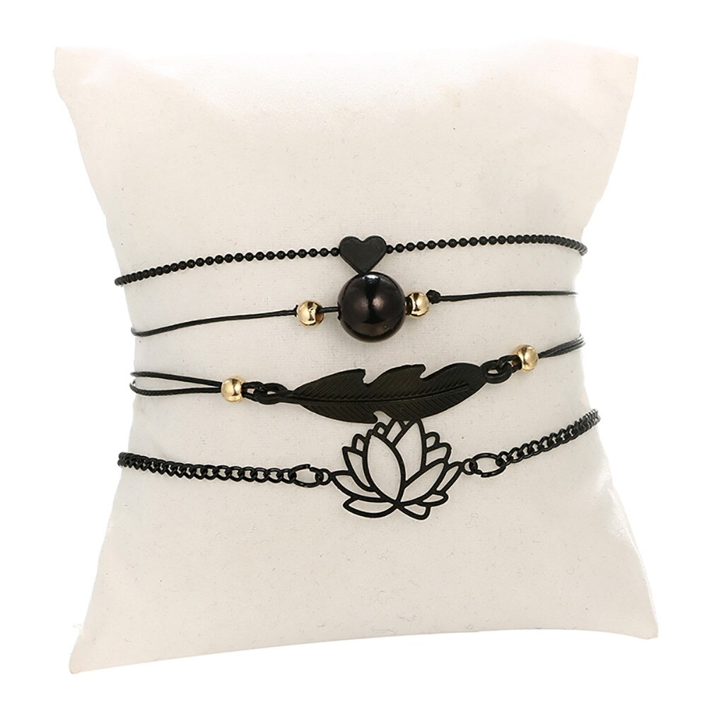 Böhmen Blatt Knoten Hand Manschette Kette Charme Armbinde Schwarz Liebe Herz Durchbrochene Lotus Ball Blätter Armbinde 4 teile/satz FB