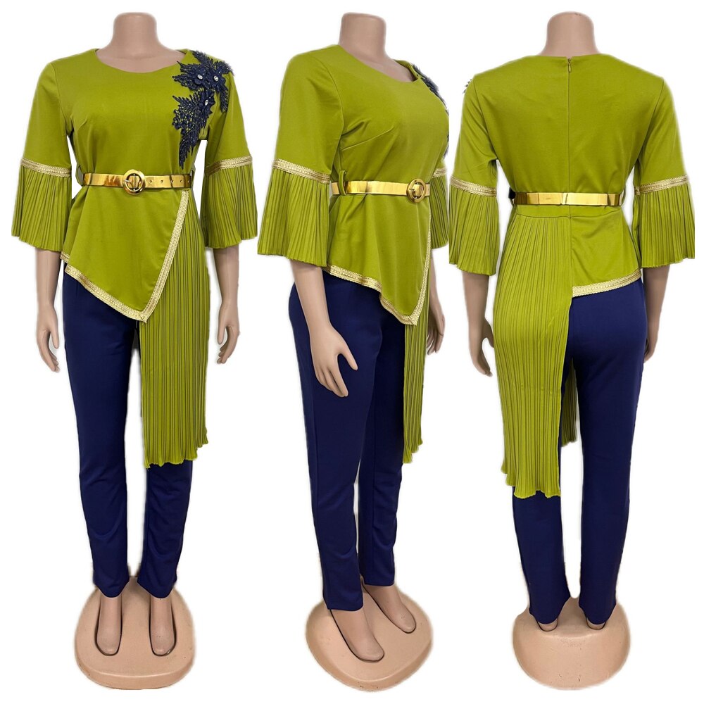 MD African Traditional Dashiki Two Piece Set Clothes Plus Size Women Pleated Irregular Tops Pants Suit Tenue Africaine Femme
