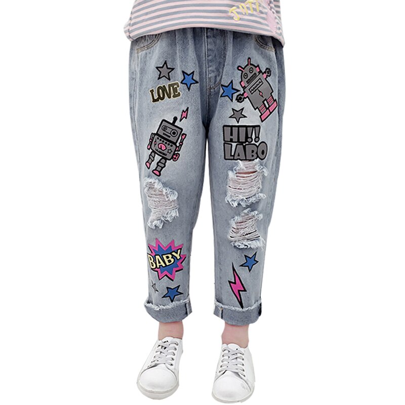 Jeans für mädchen freundlicher Frühling Herbst Graffiti See freundlicher Tragen Mädchen Neue 4-12 Jahre Alte Mädchen Jeans lässig hosen Jeans für mädchen