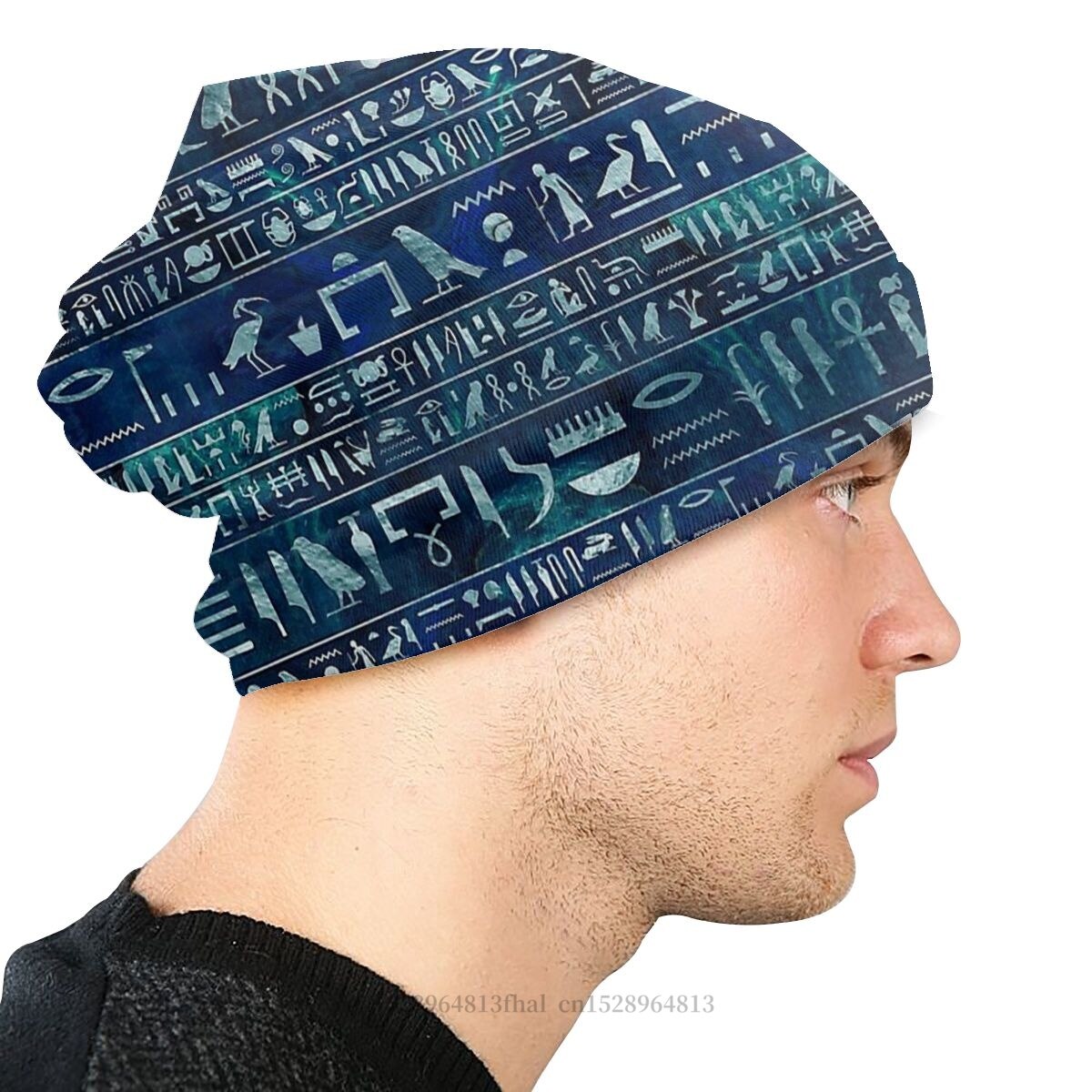Bonnet Hats Ancient Egypt Egyptian Men Women's Knitted Hat Hieroglyphs Silver On Blue Painted Texture Winter Cap Hip Hop Caps