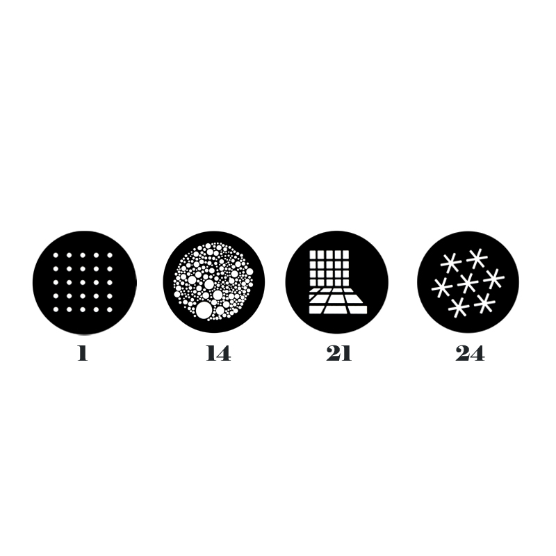 4 PCS 58mm GOBO Up to 90 Patterns Focalize Conical Snoots Projection Film Graphic Insert Background Light Effect Hollowed Card: 1-14-21-24