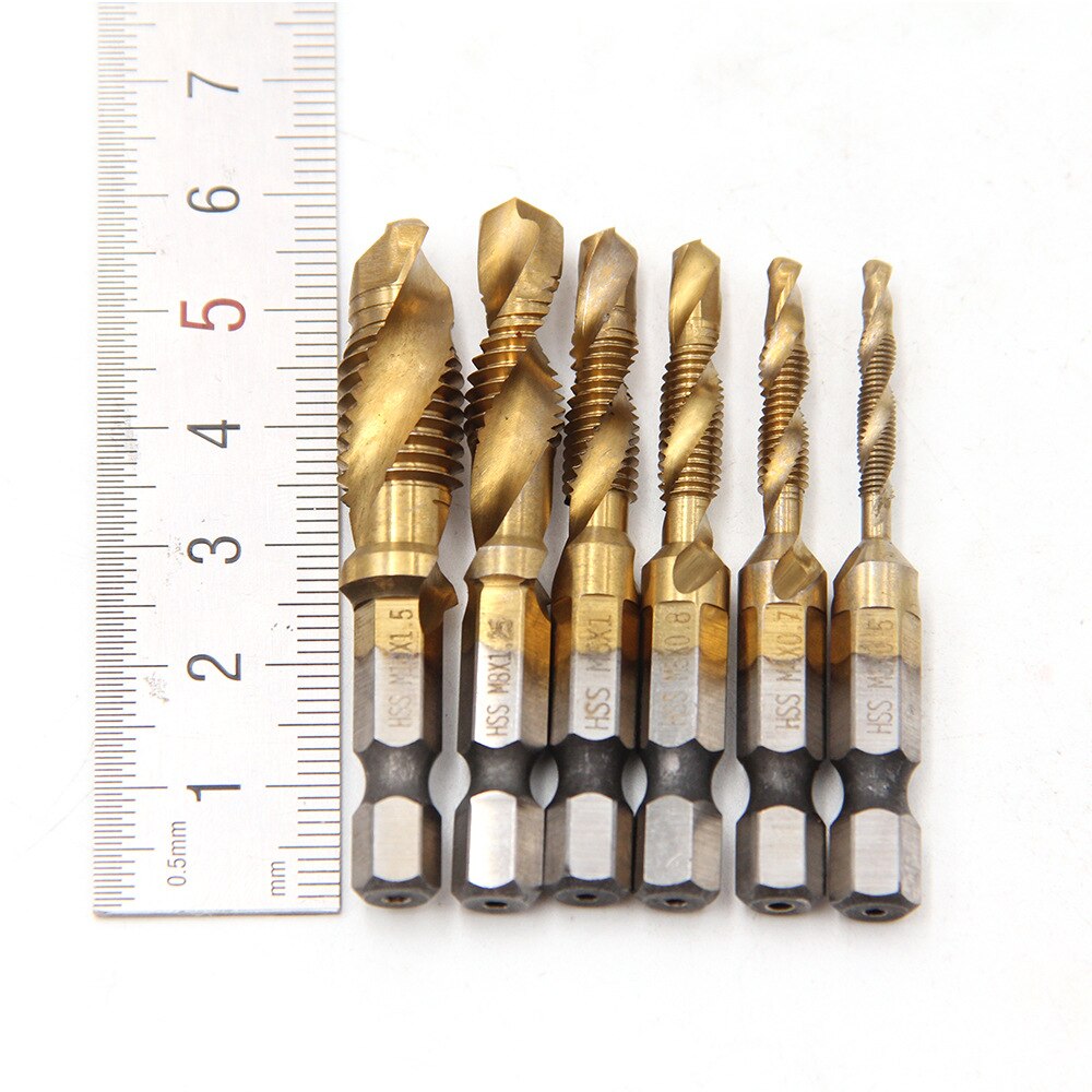 Titanium Plated Hex Shank HSS Screw Thread Metric Tap Drill Bits Screw Machine Compound M3 M4 M5 M6 M8 M10 Hand Tools