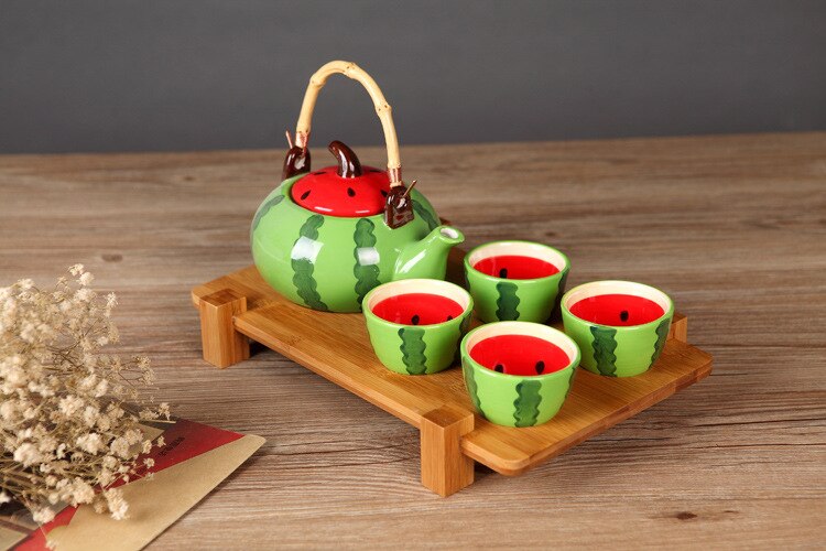 Ceramic Teapot Kettles Tea Cup Fruit Watermelon Tea Set Drinkware Set (One Kettle Four Cups) (No Tray)