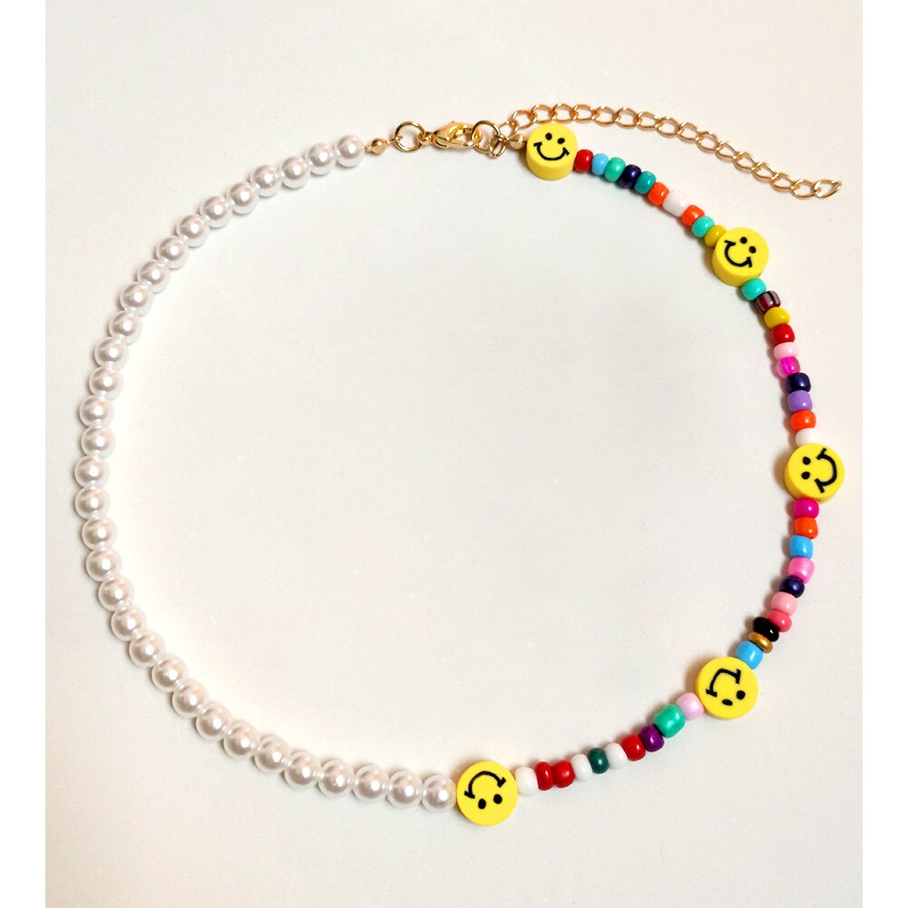 Boho Evil Eye Smile Pearl Beaded Necklace For Women Imitation Pearl Christmas Y2K Happy Face Choker Collar Party Jewelry: 062806YW