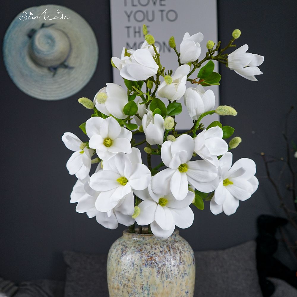 Ramo de Magnolia grande de lujo hecho en el sol, Flores blancas, decoración de boda, decoración del hogar, Flores artificiales, Año , otoño