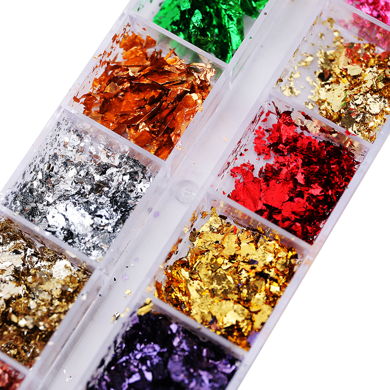 12 gitter en boks multifarve aluminiumsfolier uregelmæssig holografisk glitterfolie pailletter negle spejl flager pailletter manicure indretning