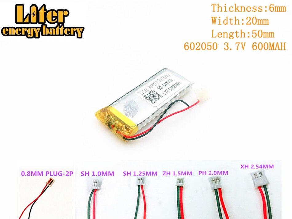 Liter energie batterij 3.7 V 600 mAh 602050 plug Lithium Polymer Oplaadbare Batterij Voor MP3 MP4 MP5 Lithium polymeer batterij