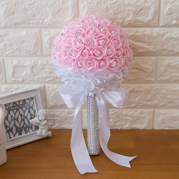 Bouquet de fleurs en mousse pour mariage 6 couleurs, romantique pour demoiselle d'honneur demoiselle d'honneur, strass en cristal, décoration de mariage: Pink