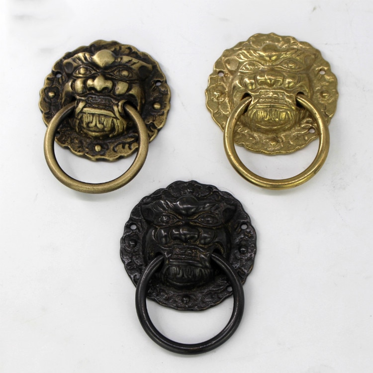Timbre de puerta antiguo chino Dia 9,8 cm antiguo de cobre puro León cabeza puerta manija Puerta de cajón tirador de puerta Puerta de puerta manija de la puerta
