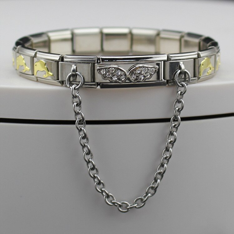 Glücks-Armbinde für damen aus edelstahl, 9mm- teilig, mit flügelgliedern, blumen- und herzanhänger, armreif, schmuck  g64-10: C
