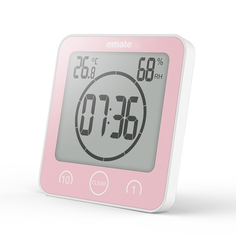 LCD Screen Waterproof Digital Bathroom Wall Clock Temperature Humidity Countdown Time Function Wash Shower Hanging Clocks Timer: Pink