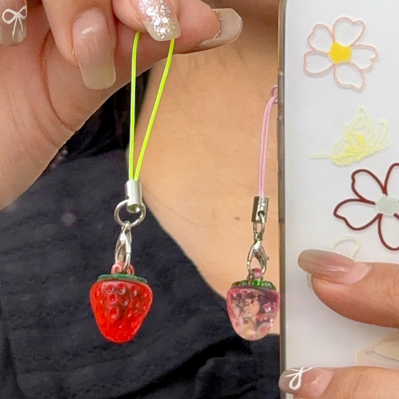 Cute Strawberry Charm for Phone Kawaii Pendant Mini Fruit Lanyard Keychain Bag Zipper Pull Accessory Set Red Pink Purple