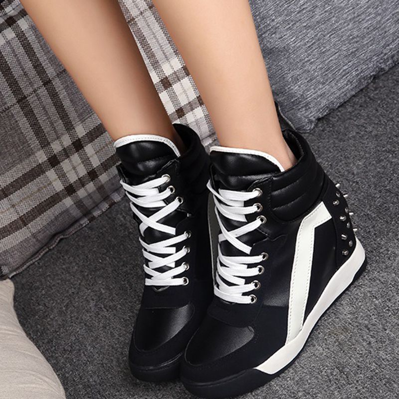 Asileto dam högklackat skor dam sneakers komfortnit dold kilklack hög topp  t349: Svart / 36