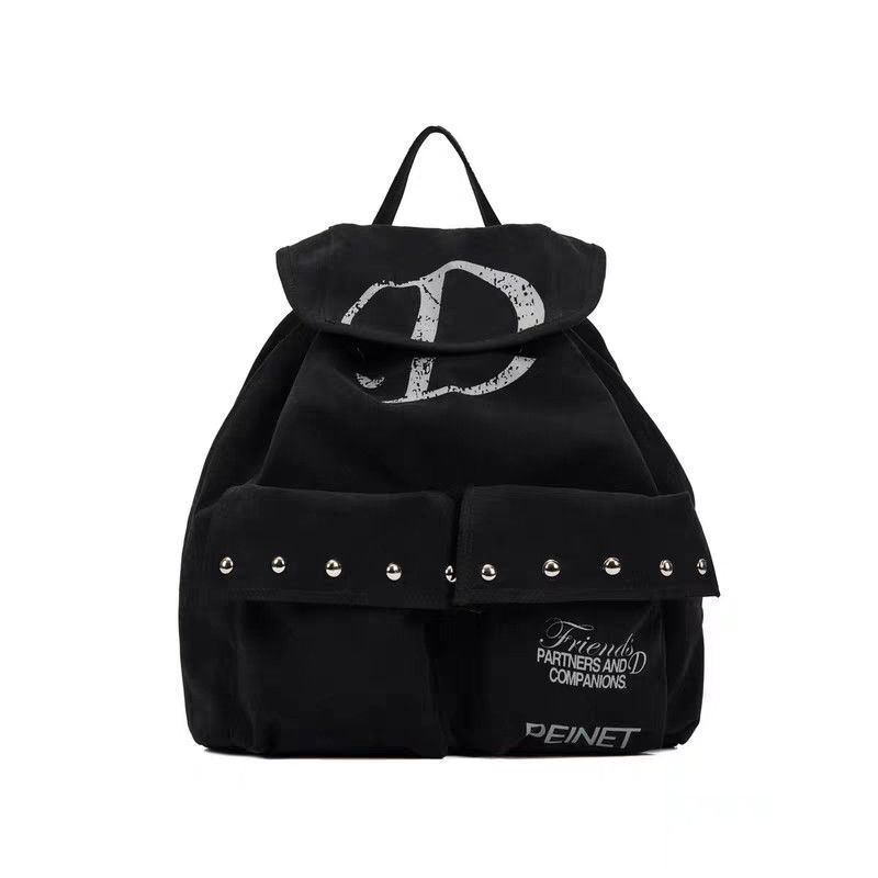 Mochila con cordón de lona con remaches para hombre y mujer, bolso decorativo de gran capacidad, sencillo, informal, Unisex, Y2k, con dos bolsillos