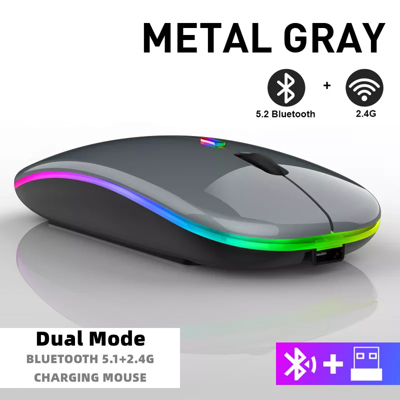 Ratón inalámbrico Bluetooth para tableta, teléfono, retroiluminación RGB recargable, para iPad, PC, portátil, tableta, teléfono, ratón USB de 2,4 GHz: Blanco