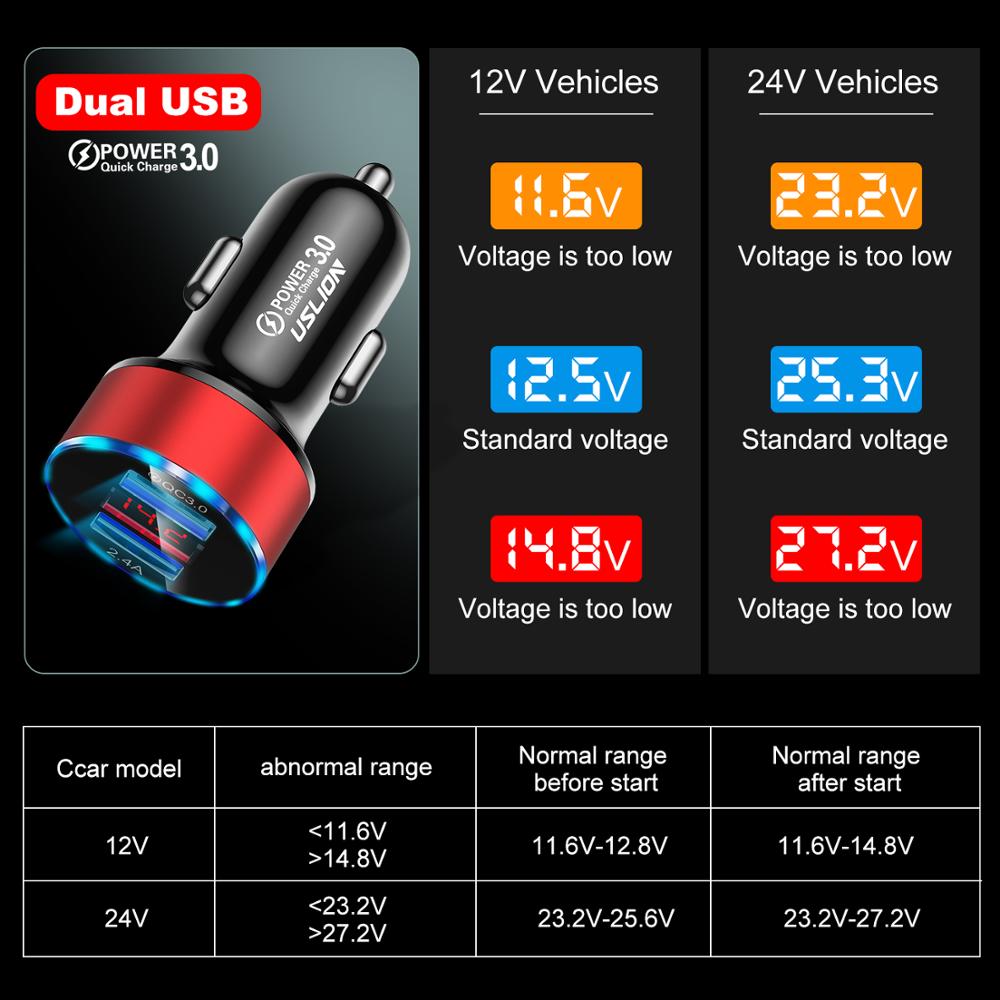 Uslion duplo usb carregador de carro qc 3.0 carregamento rápido adaptador led para telefone celular