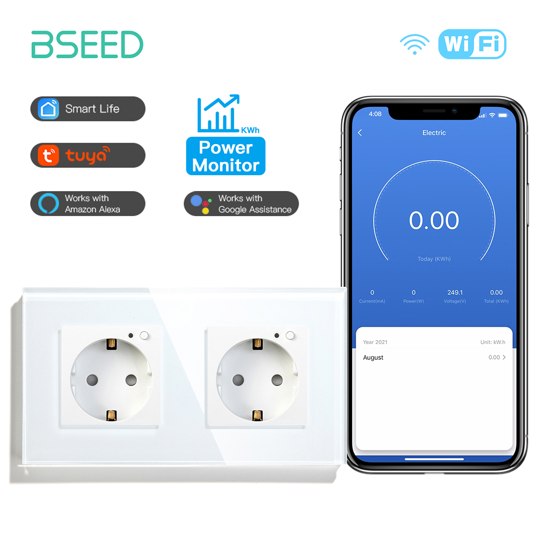 BSEED EU Wall Socket Tuya Smart Socket Wifi Electrical Outlets Power Monitor Google Smart Life Alexa Voice Control Glass Panel: Type 15