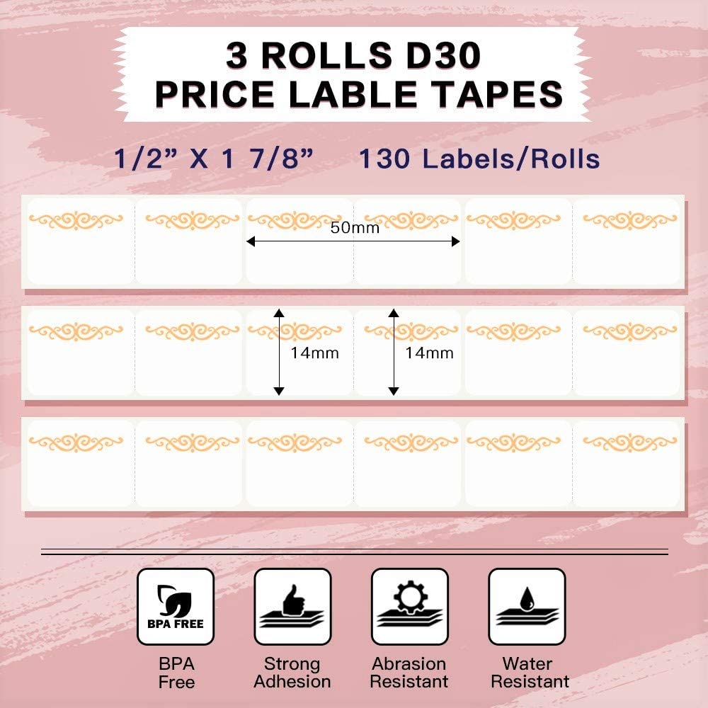 Phomemo Lotus Price Label Self-Adhesive Paper for Phomemo D30 Label Printer 3 Rolls of 390 Labels 14*50mm Printable Label Paper