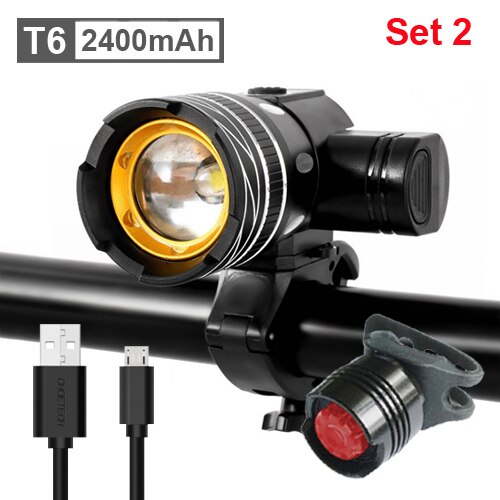 NEWBOLER-Luz de bicicleta T6 con batería recargable por USB, faro delantero de bici, lámpara de ciclismo con luz trasera, ajustable, 5000mAh: 2400mAh Set 2