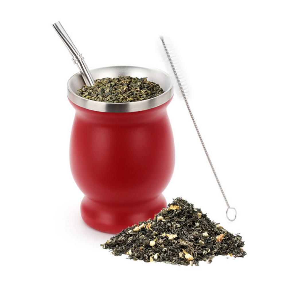 1 Set 230ML Bombilla Set Yerba Mate Gourd Stainless Steel Tea Cup with One Spoon and Brush Heat Insulation Anti Scalding: C
