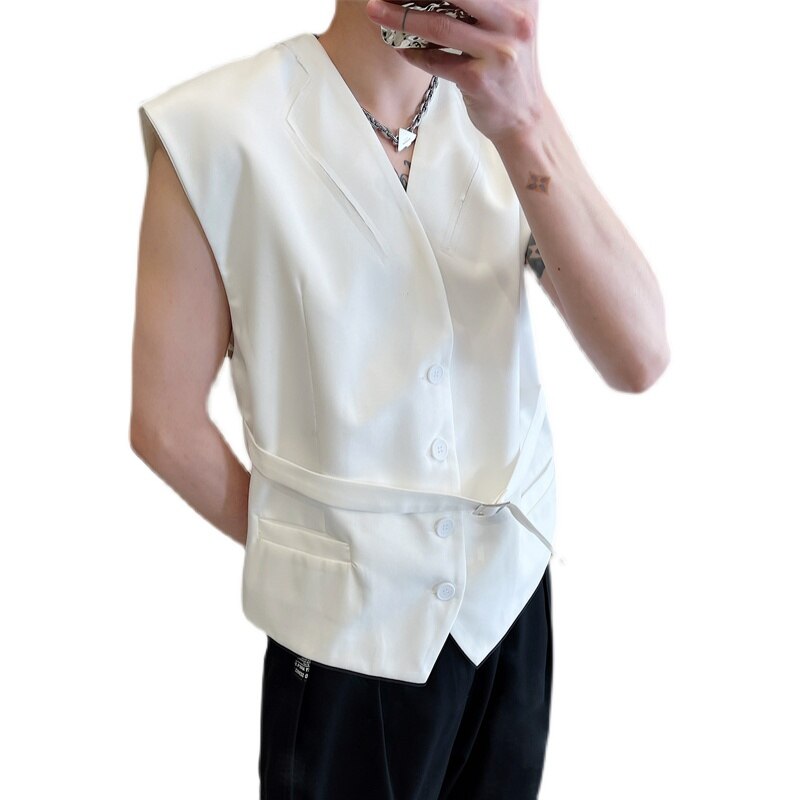 Men Korean Streetwear Vintage Loose Casual Suit Vest Male White Black Sleeveless Blazer Waistcoat Vest Jacket