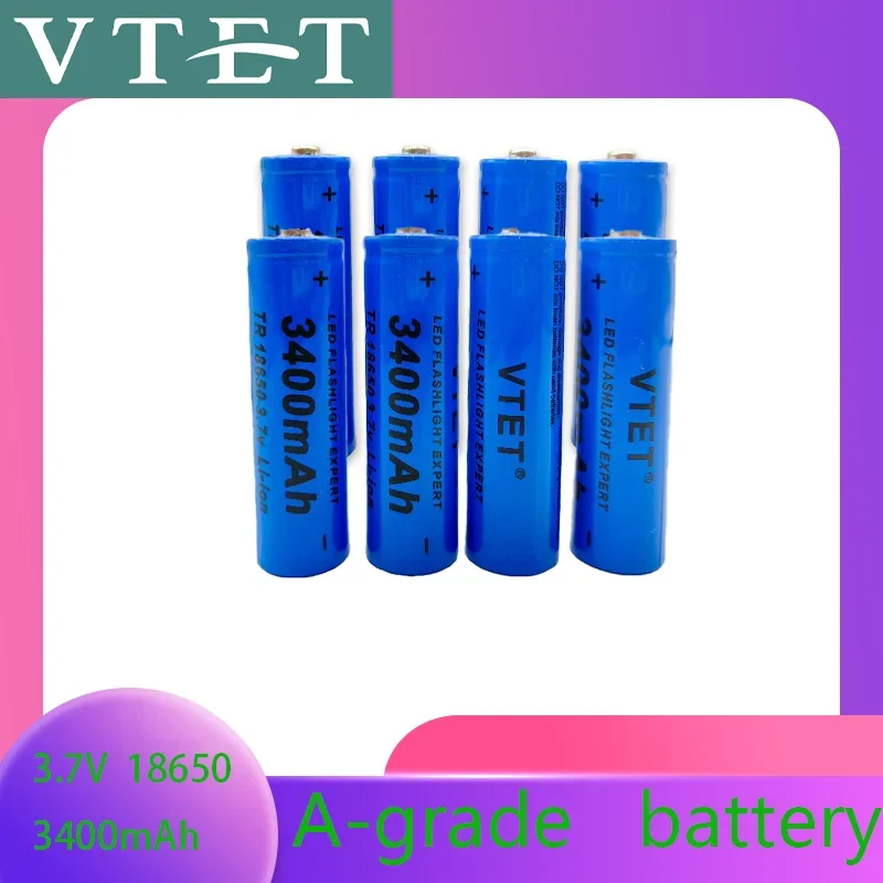18650 3.7V 3400mAh Rechargeable Battery for Flashlight, Lithium ion Battery, Toy and Home Appliances A-grade battery: Blue