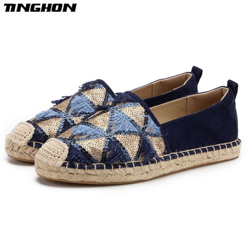 TINGHON Tassel Sequin Espadrilles Comfortable Slip-on Womens Casual Slippers Breathable Flax Hemp Canvas Girls Shoes