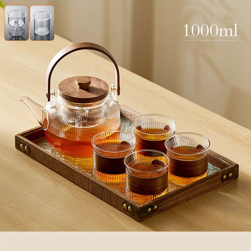 GIANXI Chinese Tea Set Wooden Handle Wooden Cover Glass Teapot Stainless Steel Filter Steaming Tea Set Transparent Teapot Tray: Dull