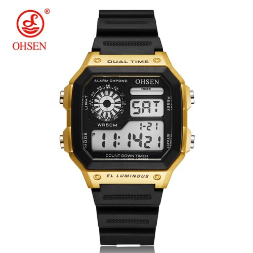 OHSEN Digital Sport Men Watch 50 Waterproof Diving Man Casual Wristwatches Alarm Stopwatch blue Watches Reloj Hombre: Gold Watch
